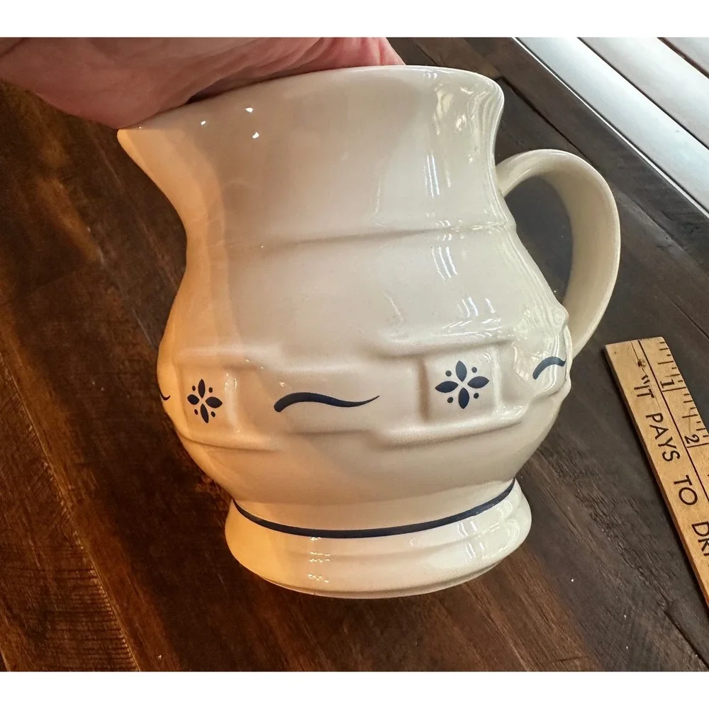 Longaberger Pottery Woven Traditions Ivory Blue Pitcher 6 inch USA Stoneware